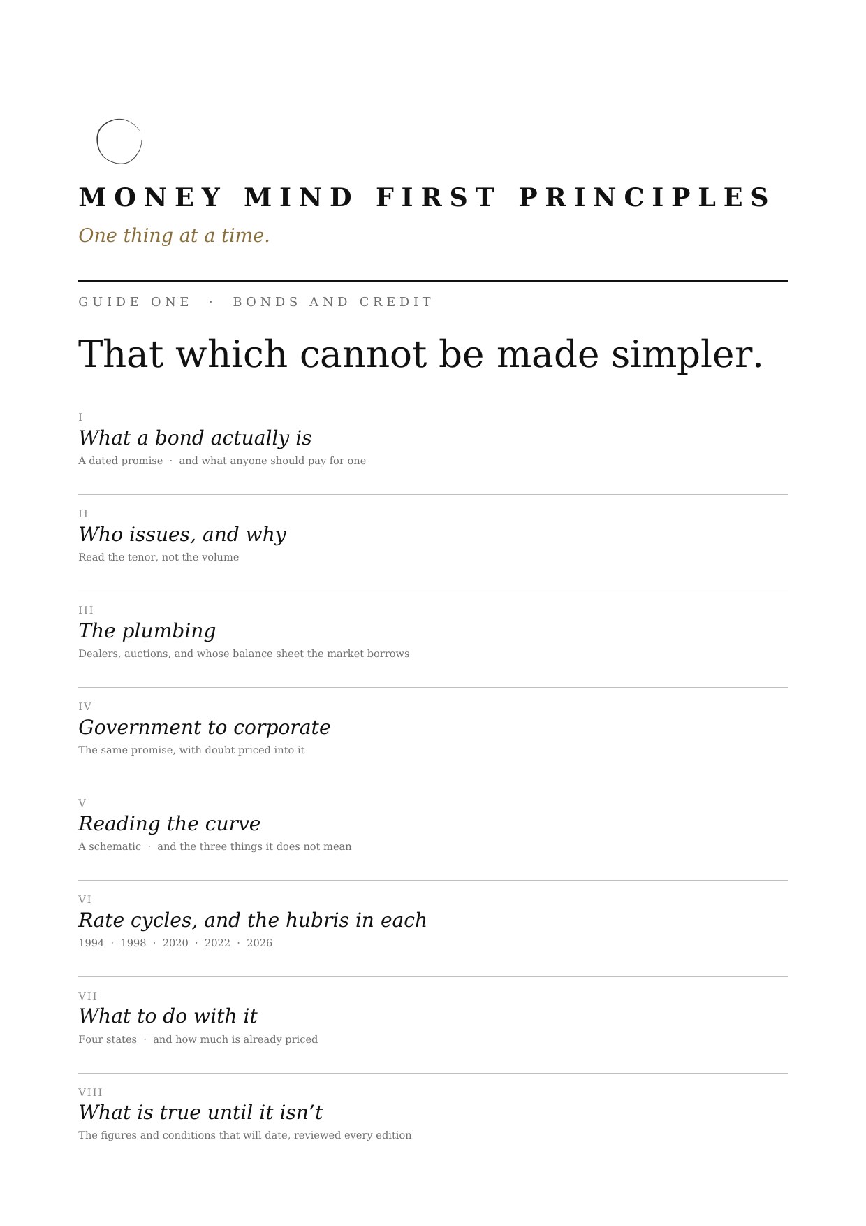 Money Mind First Principles, Guide One: bonds and credit